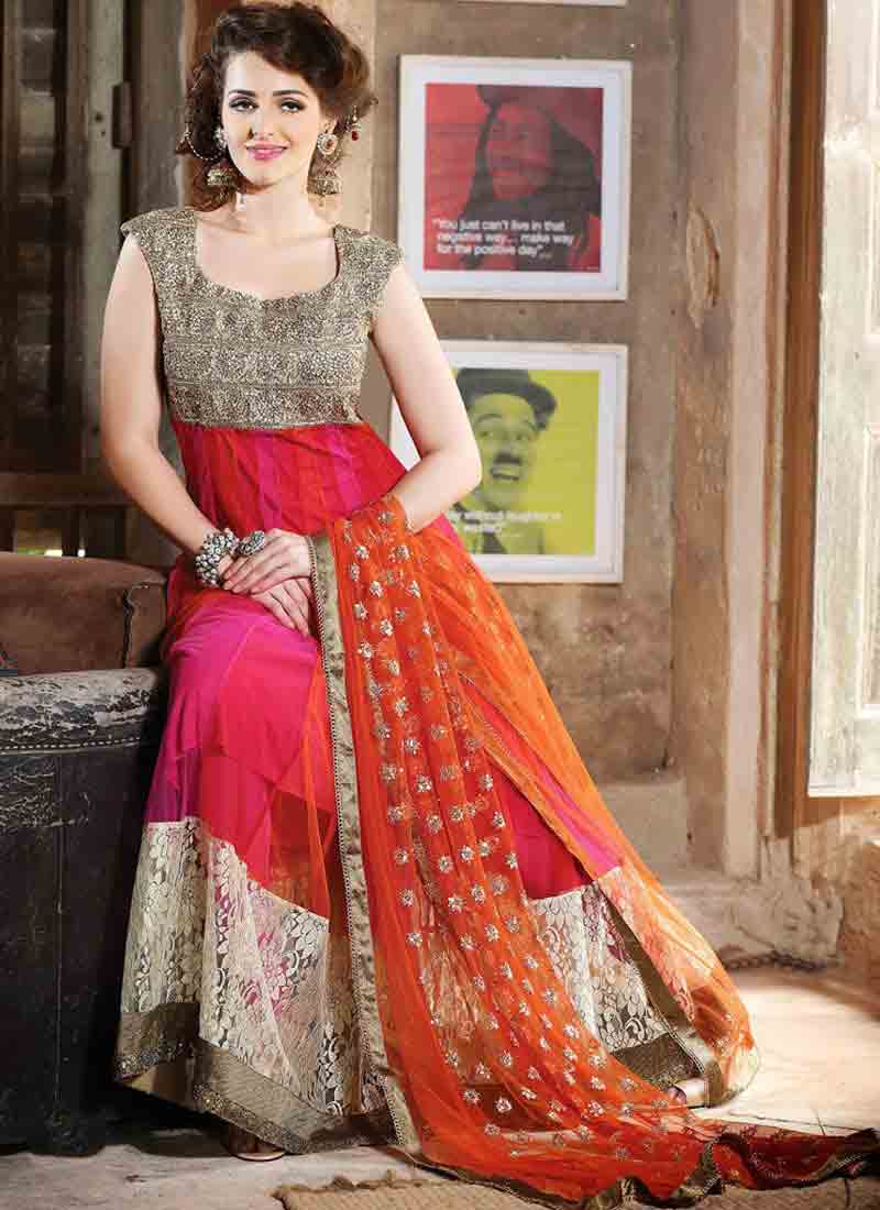 Latest orange and pink kalidar frock style for pear body