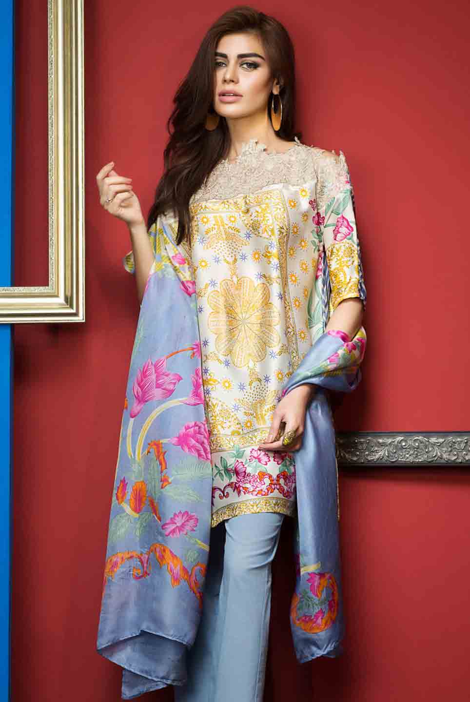 Pakistani yellow and blue kameez with dupatta for pear body shape