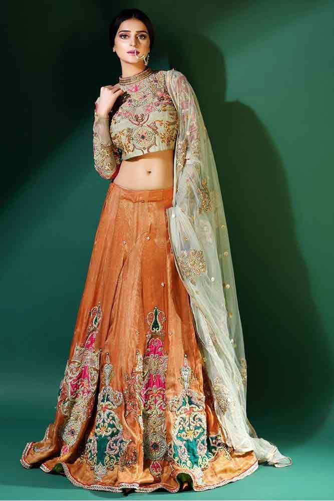 Latest orange lehenga choli for pear body