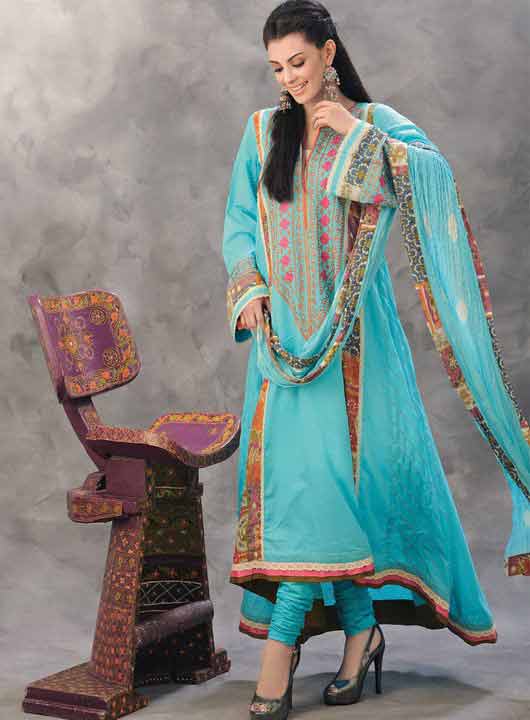 Pakistani sky blue A-line frock style for pear body