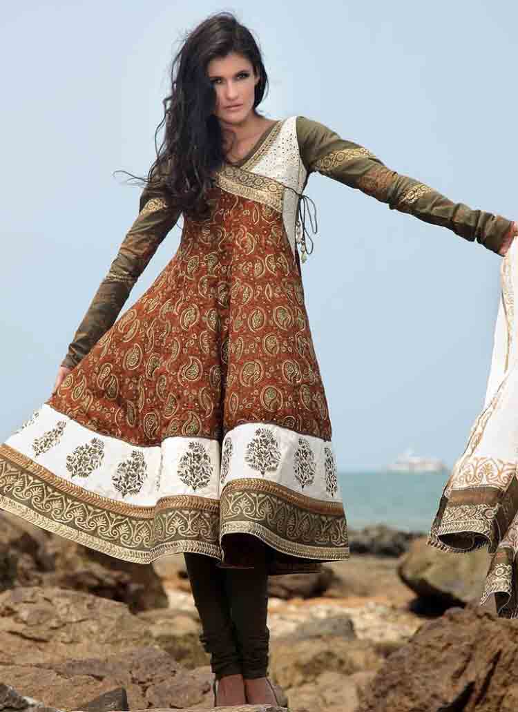 Pakistani brown angarkha style frock for pear body type