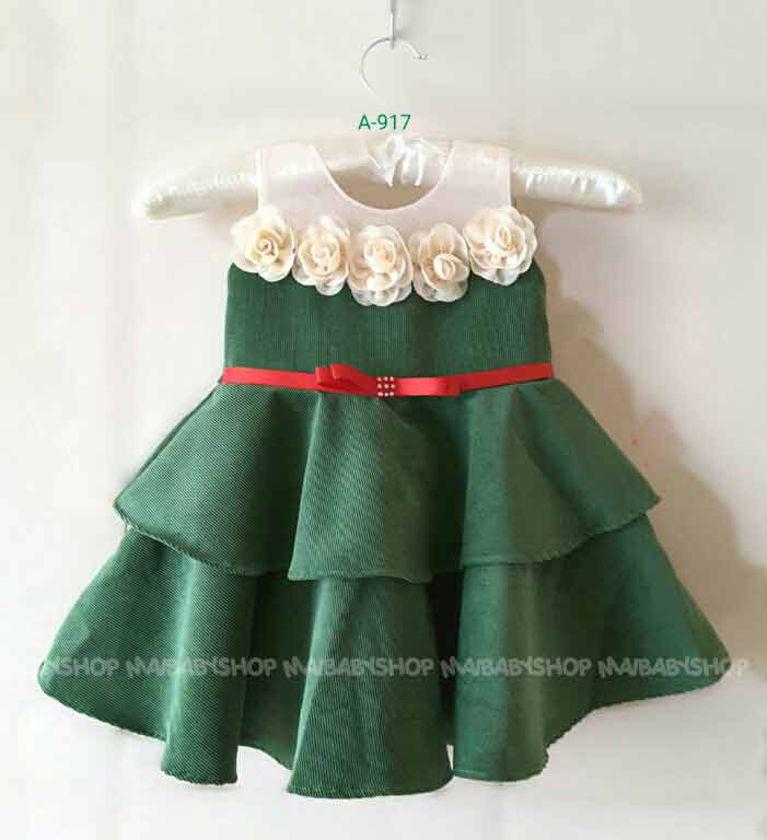 White and green baby frock with belt design for 14 august