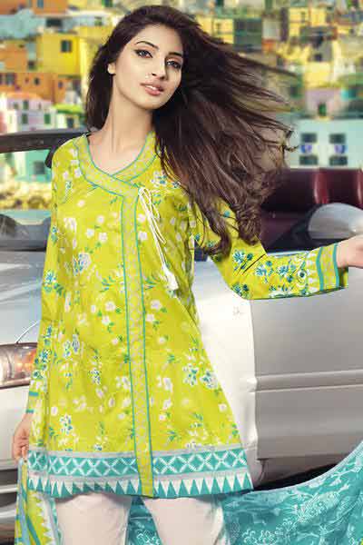 Yellow angrakha frock in lawn for girls