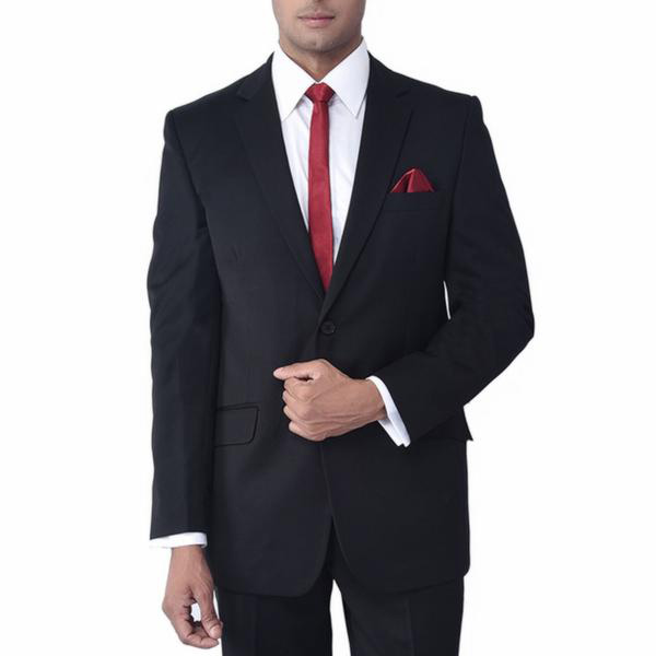 Black suit with red tie for groom