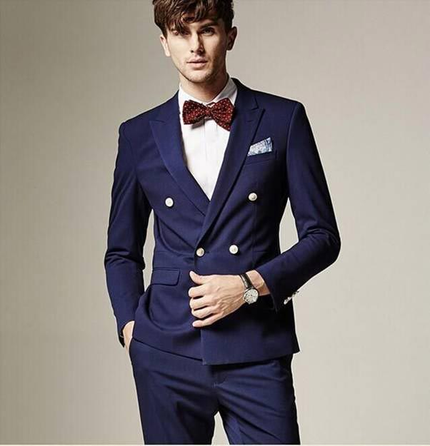 Buttoned blue wedding suit for groom