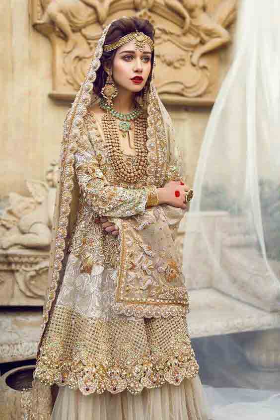 Golden kurti with lehenga for bridal walima dresses