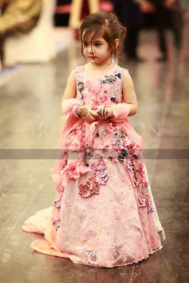 Pink baby girl princess wedding frock with floral lace