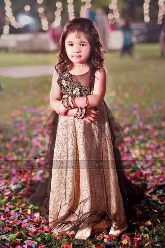 Golden and brown wedding frock for baby girls in Pakistan