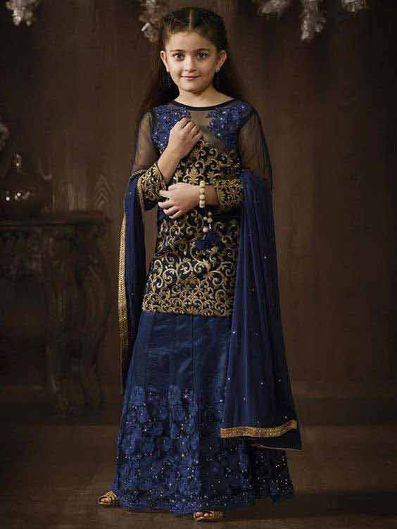 Blue and golden anarkali wedding frock for baby girls