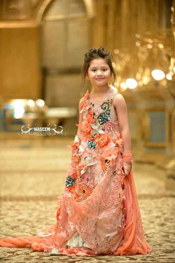 Peach baby girl wedding frock with lace in Pakistan