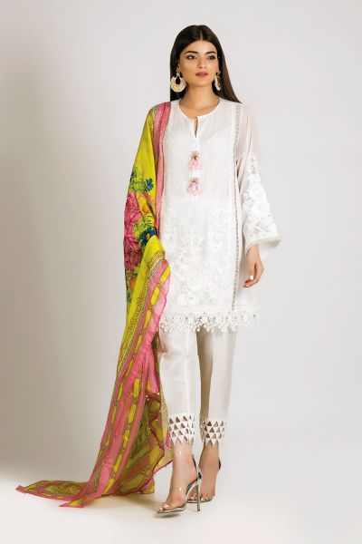 Khaadi white dress with yellow dupatta for girls