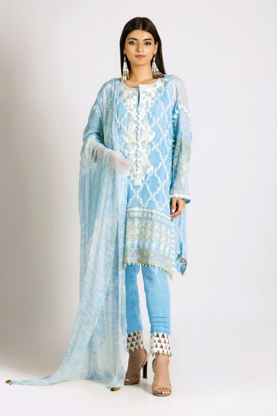 Light blue shirt with matching dupatta and trousers for Eid