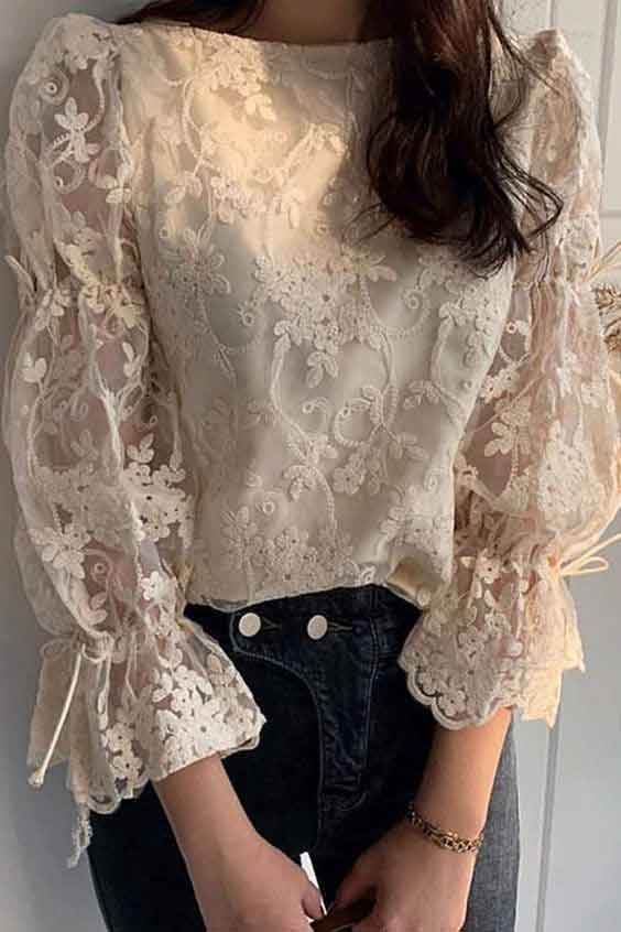 Net lace puff sleeve shirt for girls