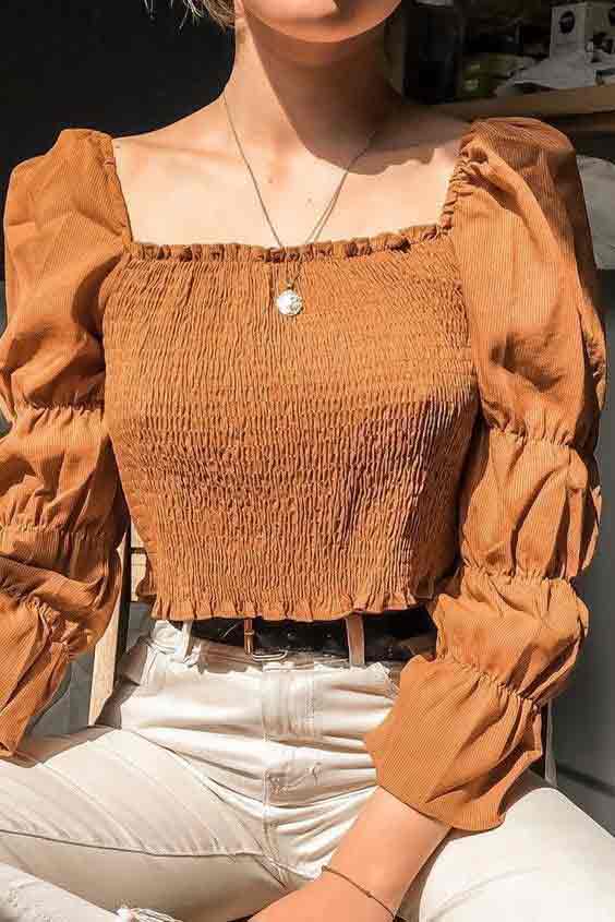 Brown crop top with puff sleeves