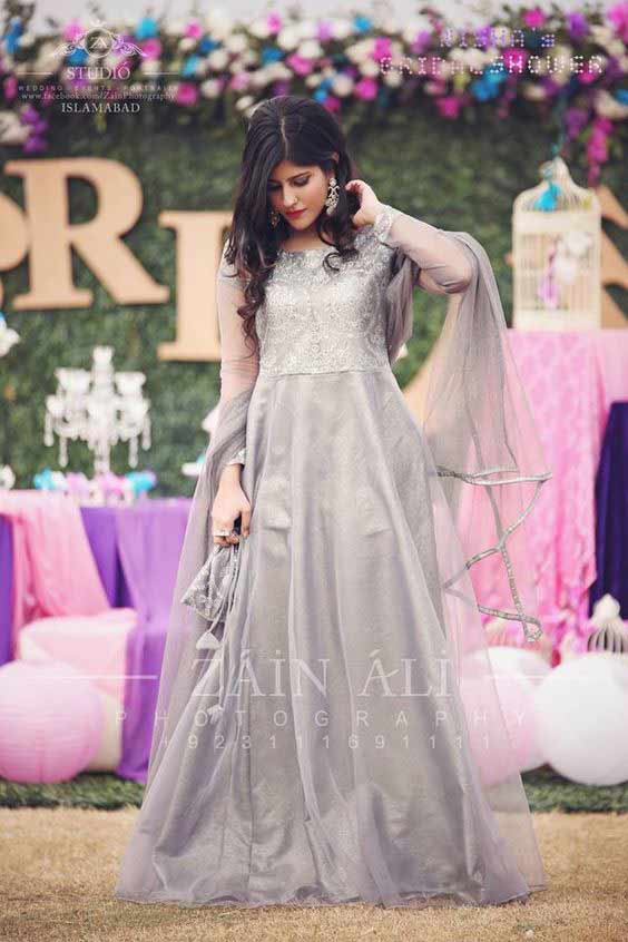 Light grey long frock for bride to be