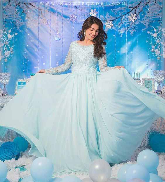 Ayeza khan light blue bridal shower long frock