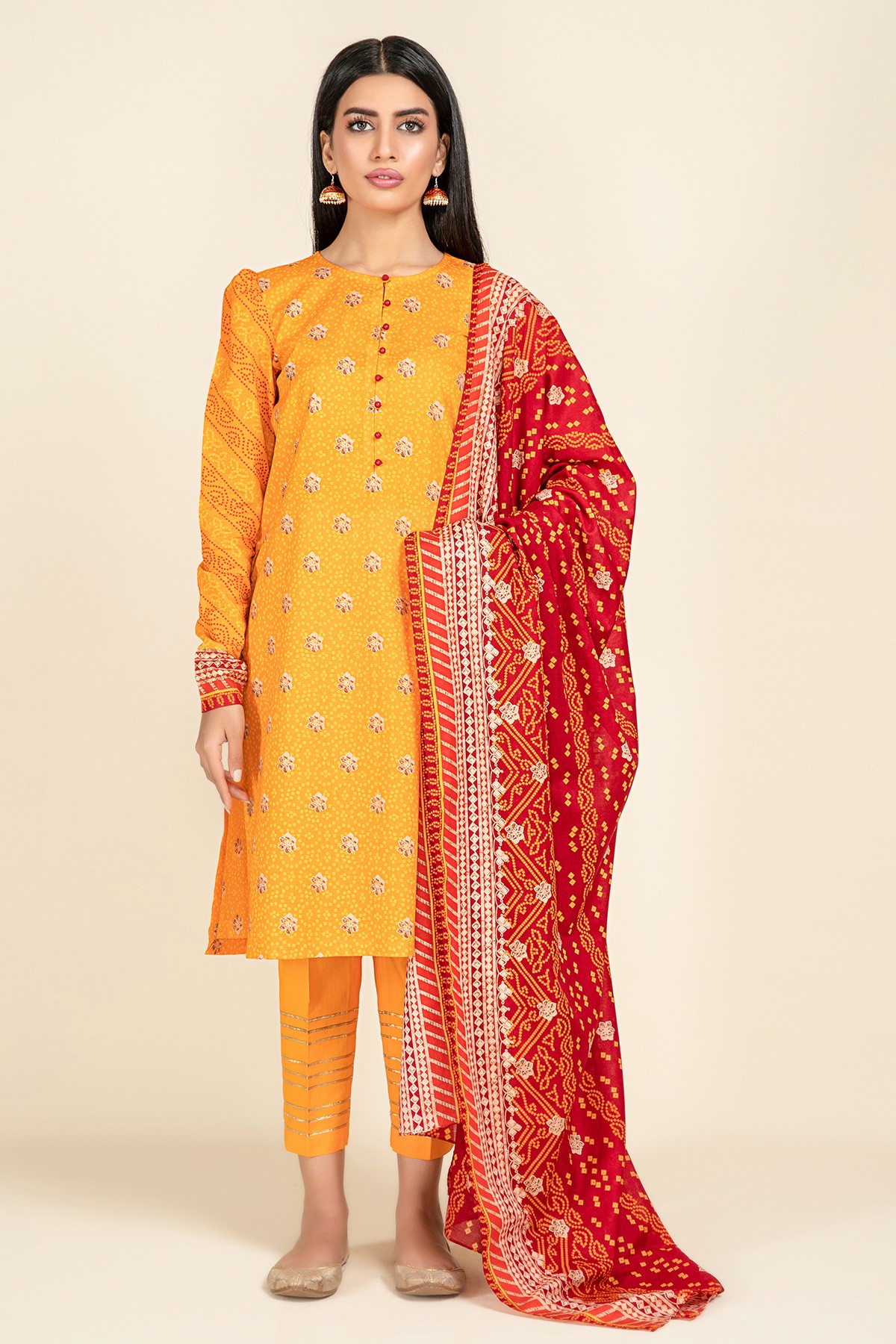 Yellow dress with red dupatta