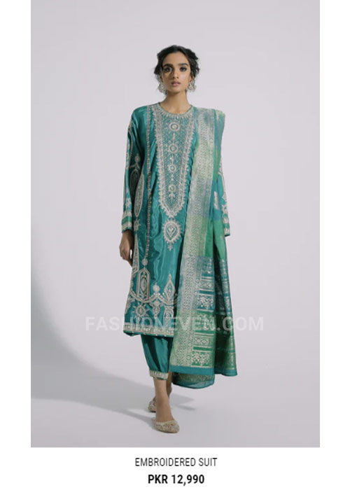 Ethnic teal three piece embroidered suit for EId
