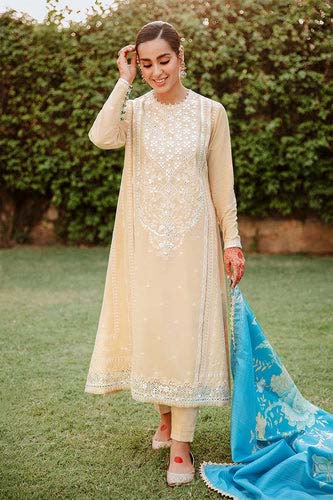 Crossstitch light peach dress with blue dupatta