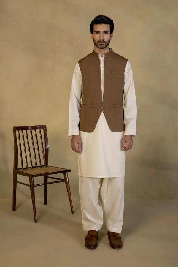 Brown waistcoat with white kurta