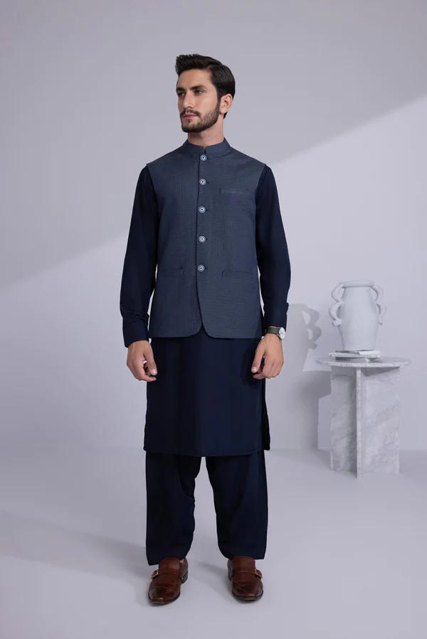 Blue waistcoat with shalwar kameez