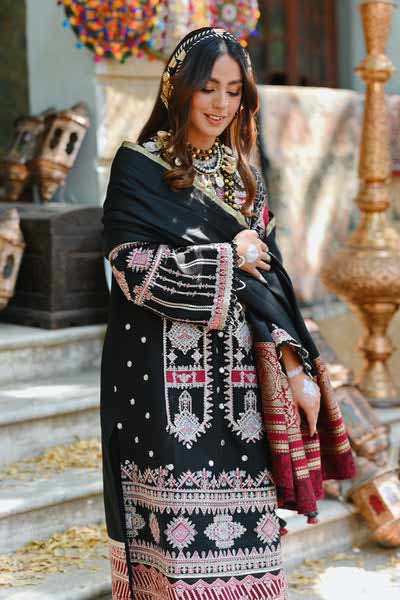 Qalamkar shawl black dress