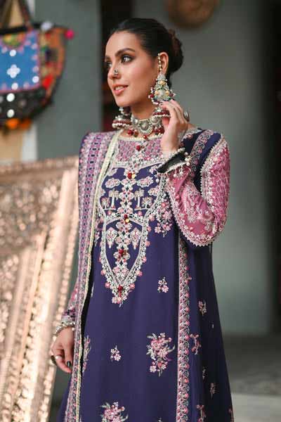 Qalamkar winter blue embroidered dress