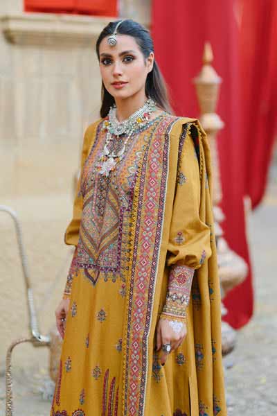 Qalamkar mustard dress design