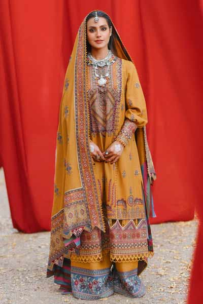 Qalamkar winter mustard dress