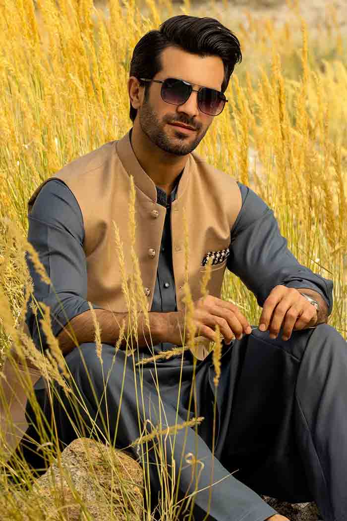 Diners mustard waistcoat with shalwar kameez