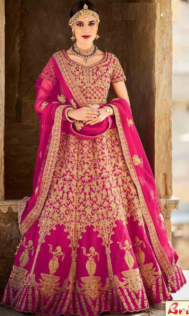 Indian Lehenga Choli Set – Pink Banglory Satin, Semi-Stitched, Bollywood/Pakistani Wedding Wear