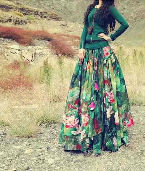 Pakistani casual green floral long skirts for girls