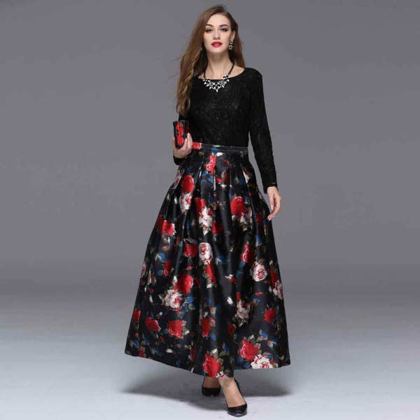 Black and red digital printed long skirts – FashionEven