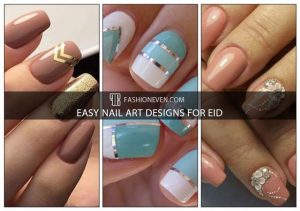 Sky blue and floral peach easy nail art designs for Eid